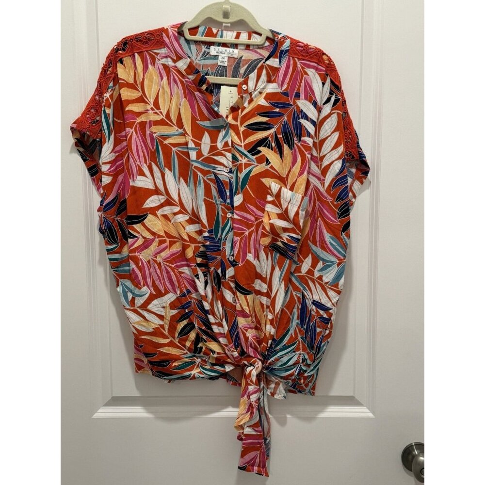 Studio Woman Top 2X Crochet On Shoulder Colorful Tie Waist Button Up NWT